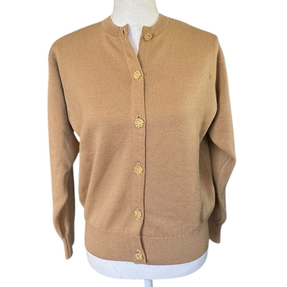 Ballantyne Scotland tan gold button wool Cardigan Sweater 40 M/L